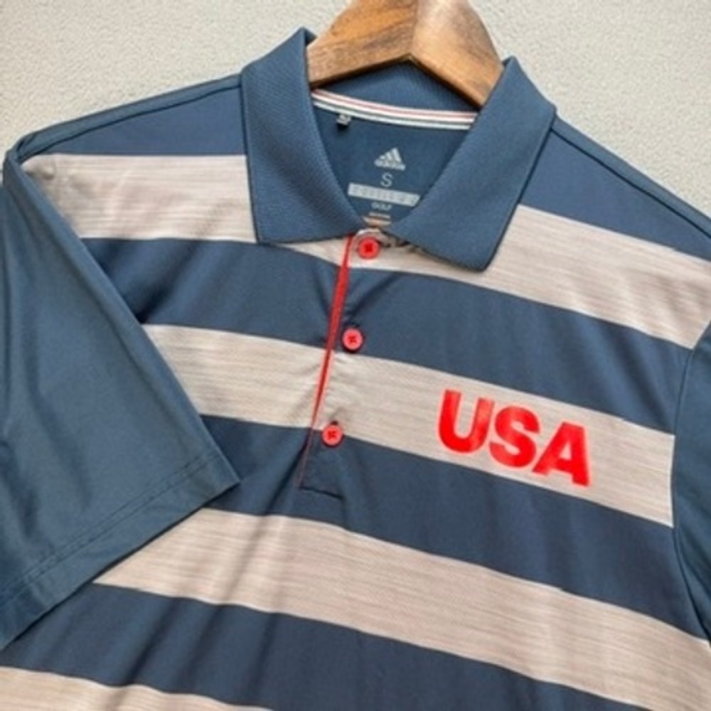 Adidas USA Golf Polo Shirt Regular Fit Size S Blue Gray Striped Short Sleeve